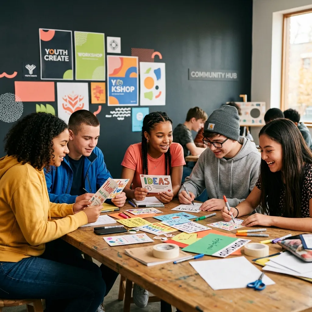 Jóvenes colaborando y conversando en una mesa de trabajo durante un taller vocacional