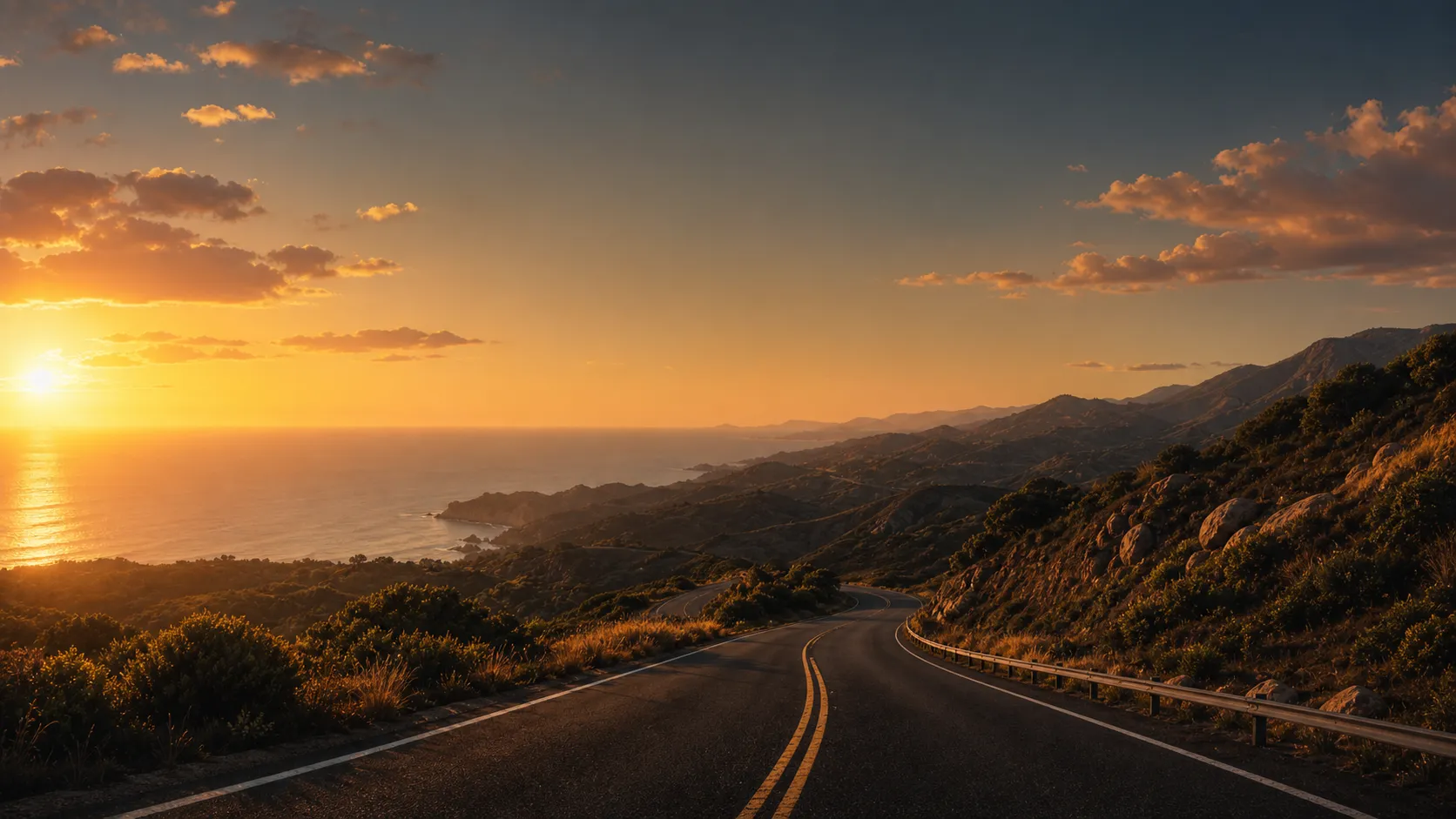 Carretera panorámica entre naturaleza al atardecer